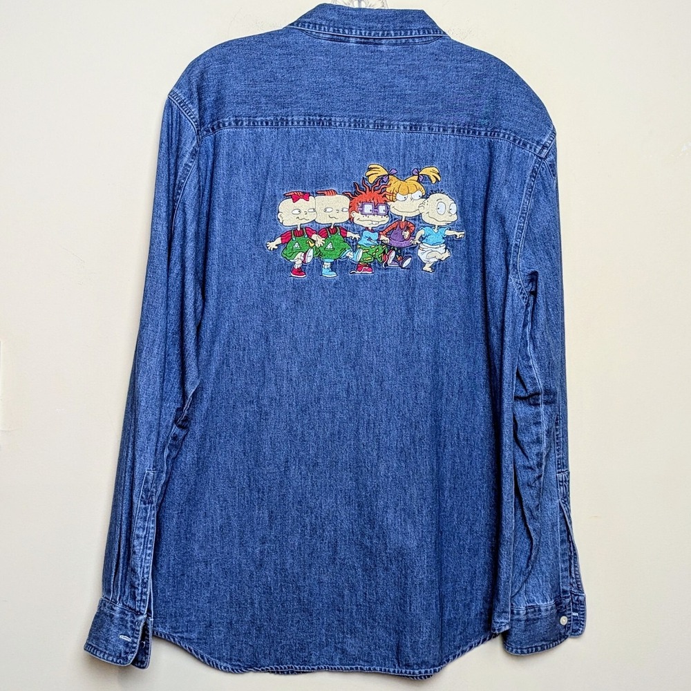 Vintage 90s RugRats Nickelodeon Cartoon Embroidered Button Up Denim Shirt Large